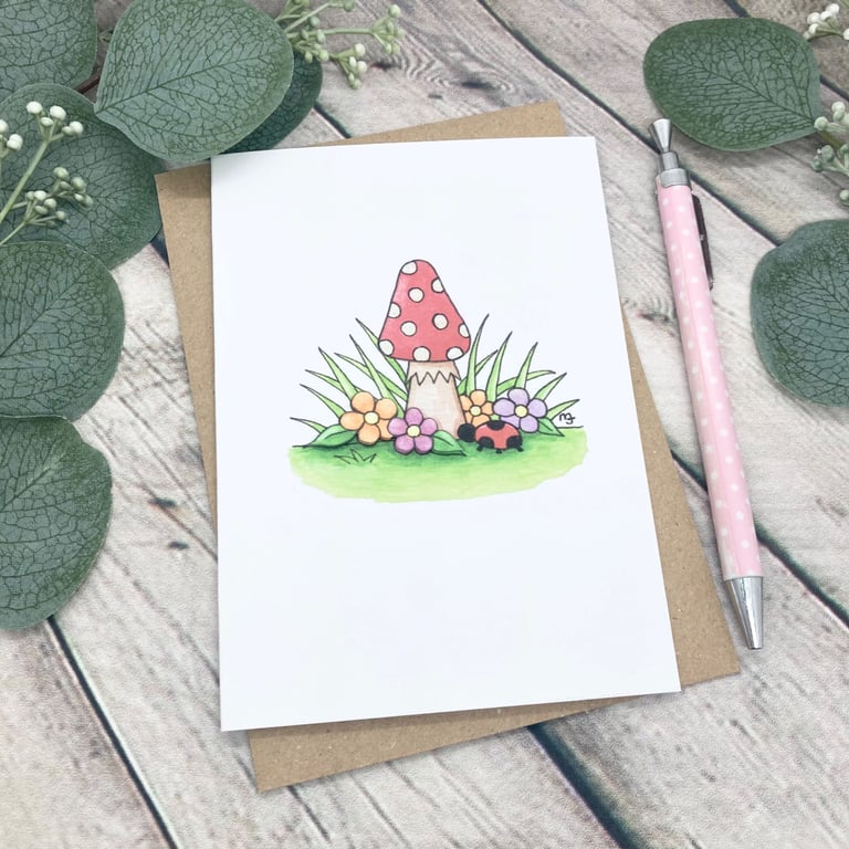 Toadstool & Flowers Card - Blank Card - Birthday Card - Any Occasion