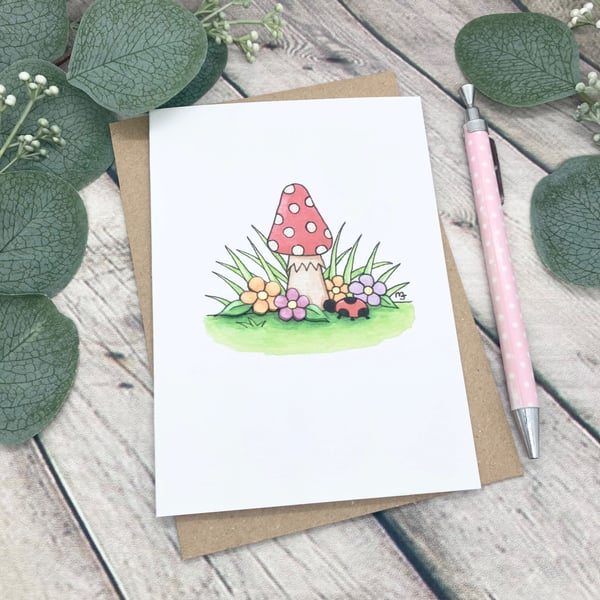 Toadstool & Flowers Card - Blank Card - Birthday Card - Any Occasion
