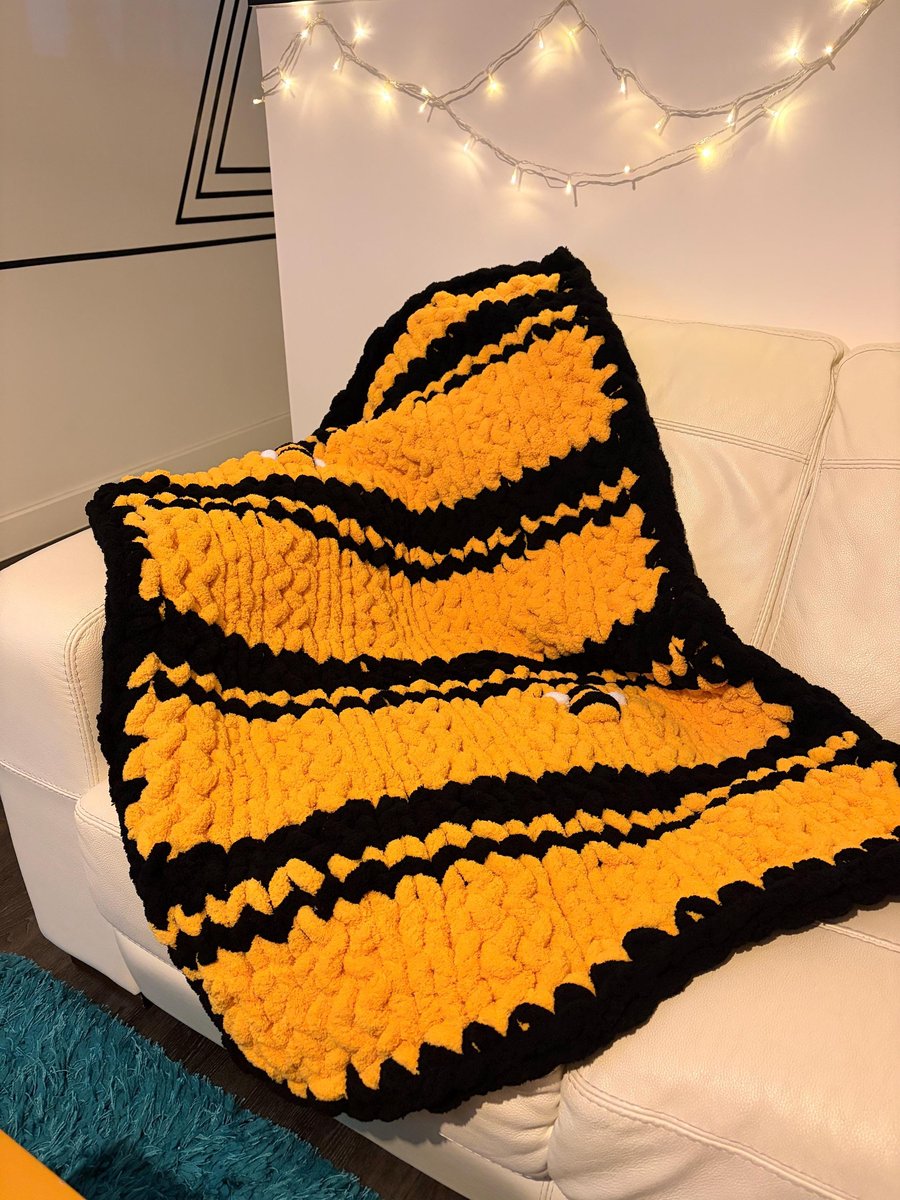 Hand Knitted Chunky Chenille Throw Blanket, Bumblebee Stripe