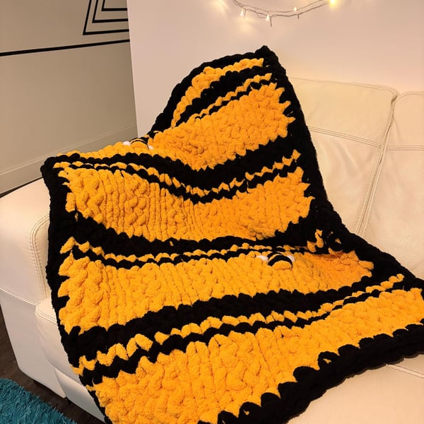 Hand Knitted Chunky Chenille Throw Blanket, Bumblebee Stripe