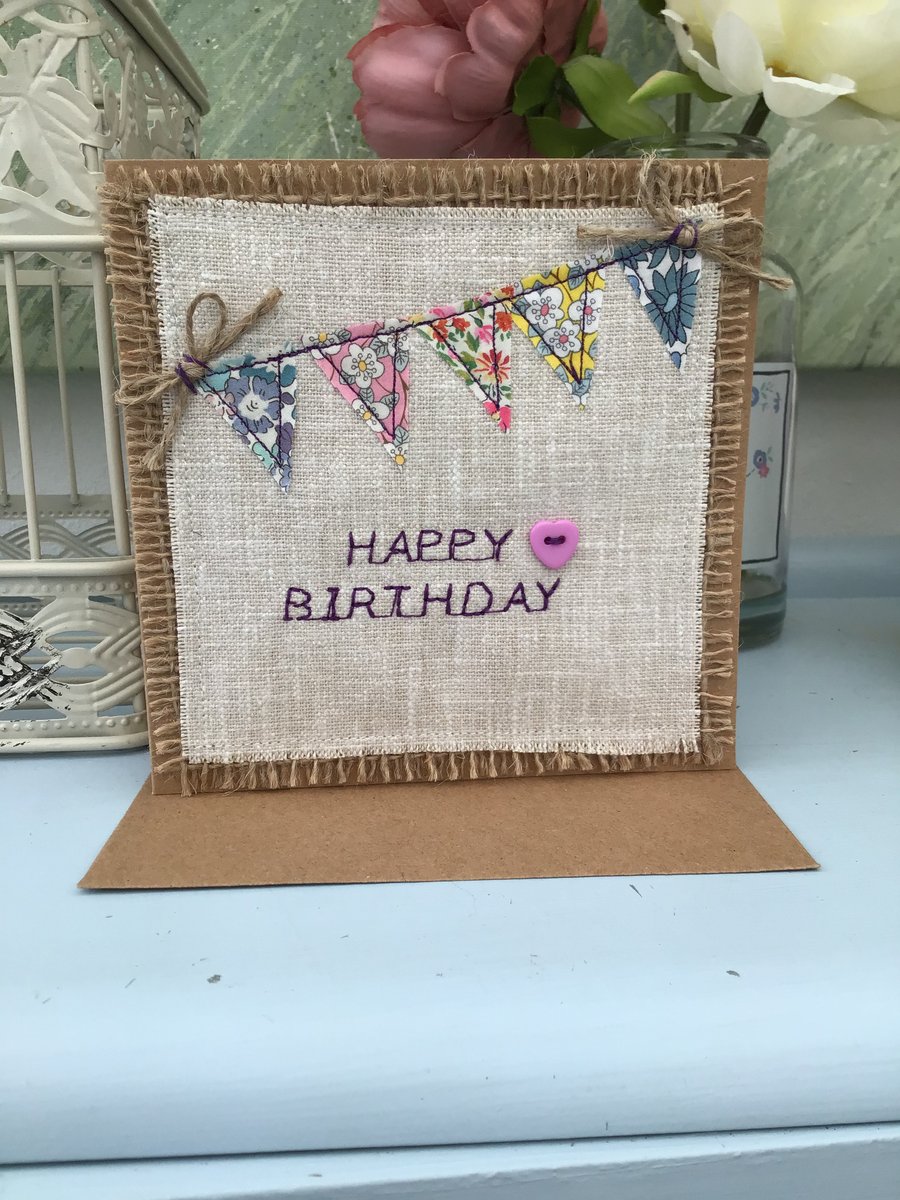 Liberty fabric bunting card, bunting birthday card female, birthday card for her