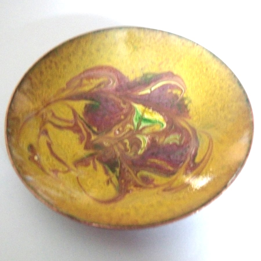 enamelled bowl - scrolled brown on yellow