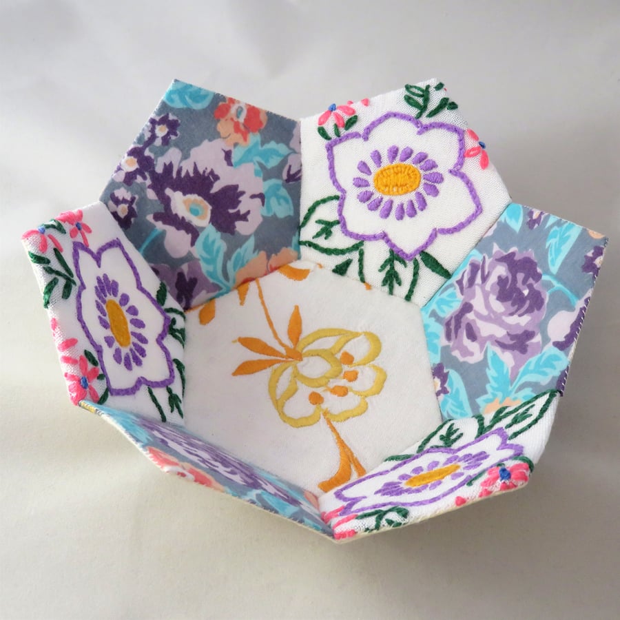 Patchwork Trinket Bowl Purple and Yellow from vintage linen