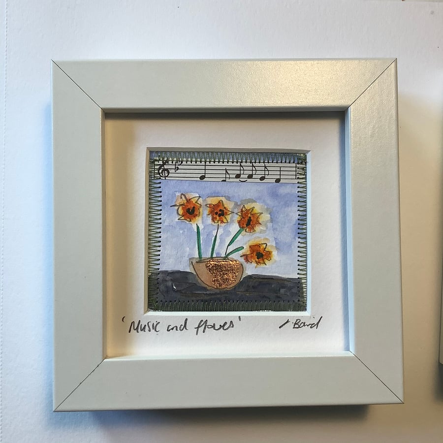 Tiny little watercolour. Flowers, music. Framed original. Quirky art 