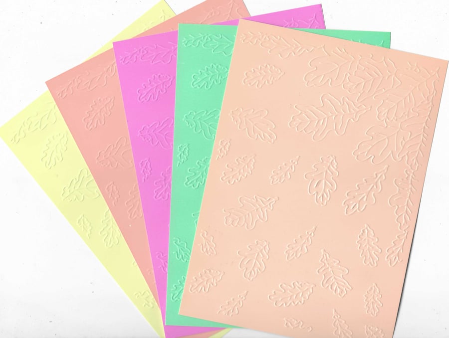 Embossed Card & Paper. 10 Sheets. 5"x7". Assorted Colours. Leaves (13)