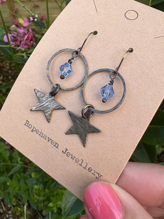 Vintage Style Star Earrings with Pale Blue Crystals Handmade in Cornwall