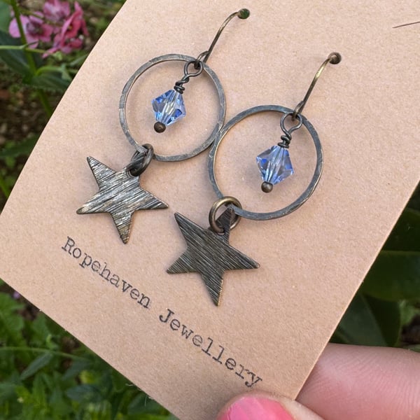 Vintage Style Star Earrings with Pale Blue Crystals Handmade in Cornwall