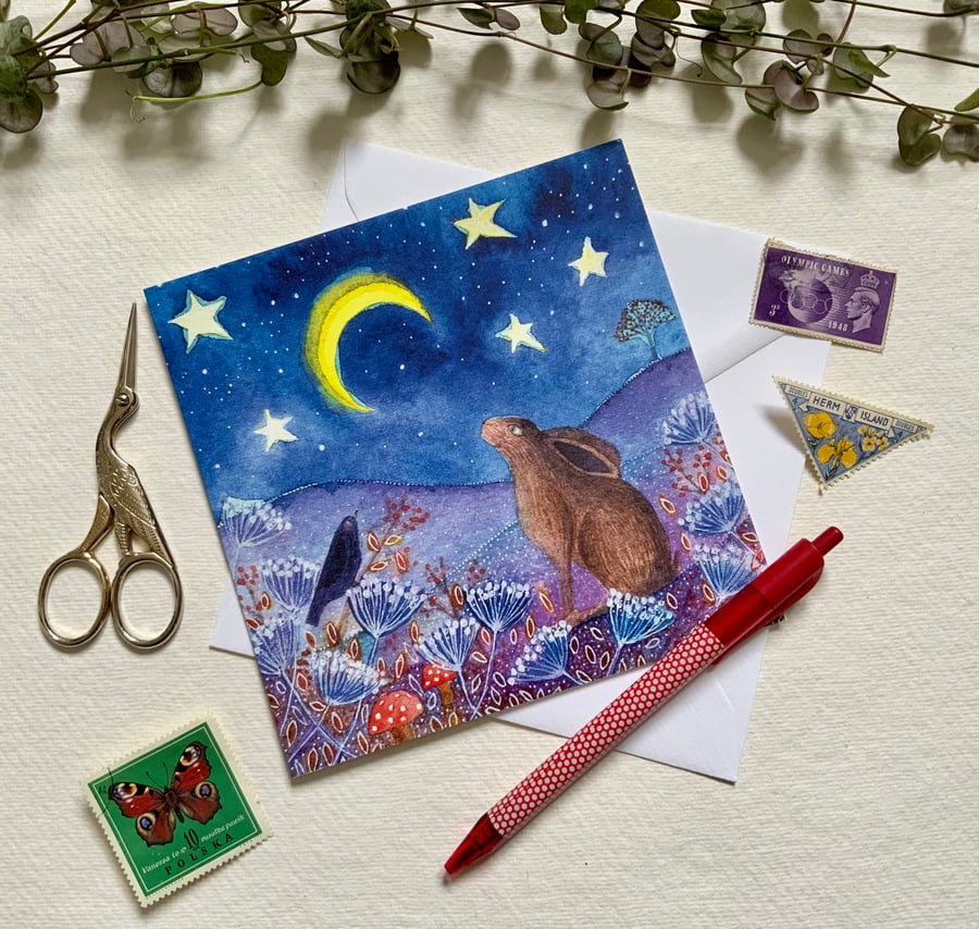 Moon Gazing Friends, blank greetings card
