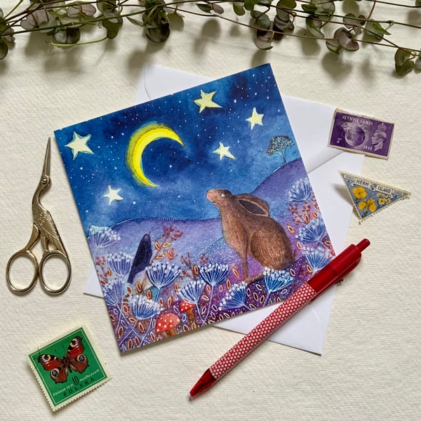 Moon Gazing Friends, blank greetings card