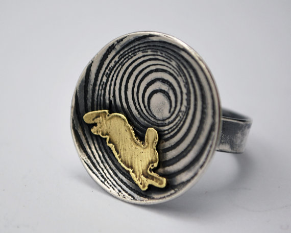 Rabbit hare illusion ring - sterling silver and brass ring - mixed metal ring