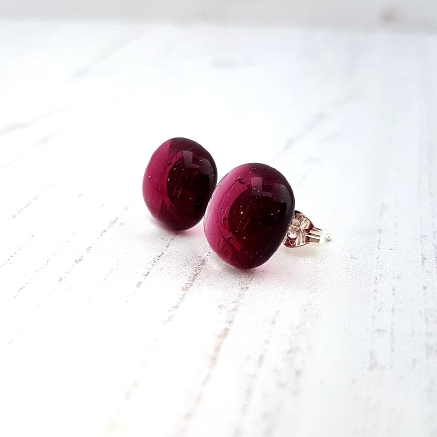 Cranberry Pink Fused Glass Stud Earrings