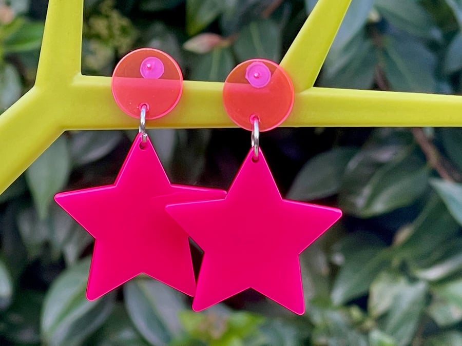 HOT PINK STAR EARRINGS neon pink resin kawaii cool gift for her
