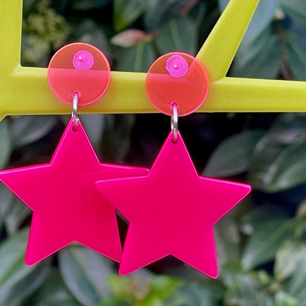 HOT PINK STAR EARRINGS neon pink resin kawaii cool gift for her