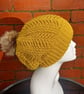 Mustard slouchy hat with brown fur pompom, crochet chunky beanie, winter baggy 