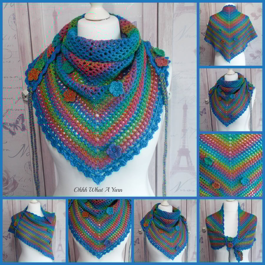 Crochet ladies rainbow shawl, scarf, shawlette, wrap.