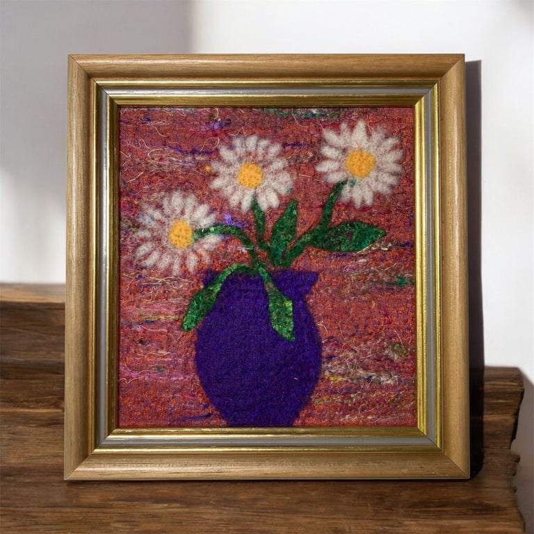 Needle felted wall art, daisies in a vase, wool and silk 