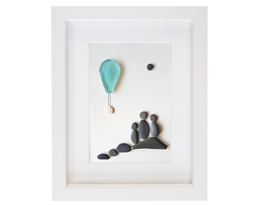Hot Air Balloon - Sea Glass And Pebble Picture - Framed Handmade Art