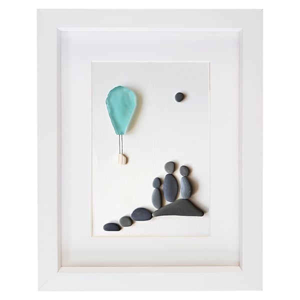 Hot Air Balloon - Sea Glass And Pebble Picture - Framed Handmade Art