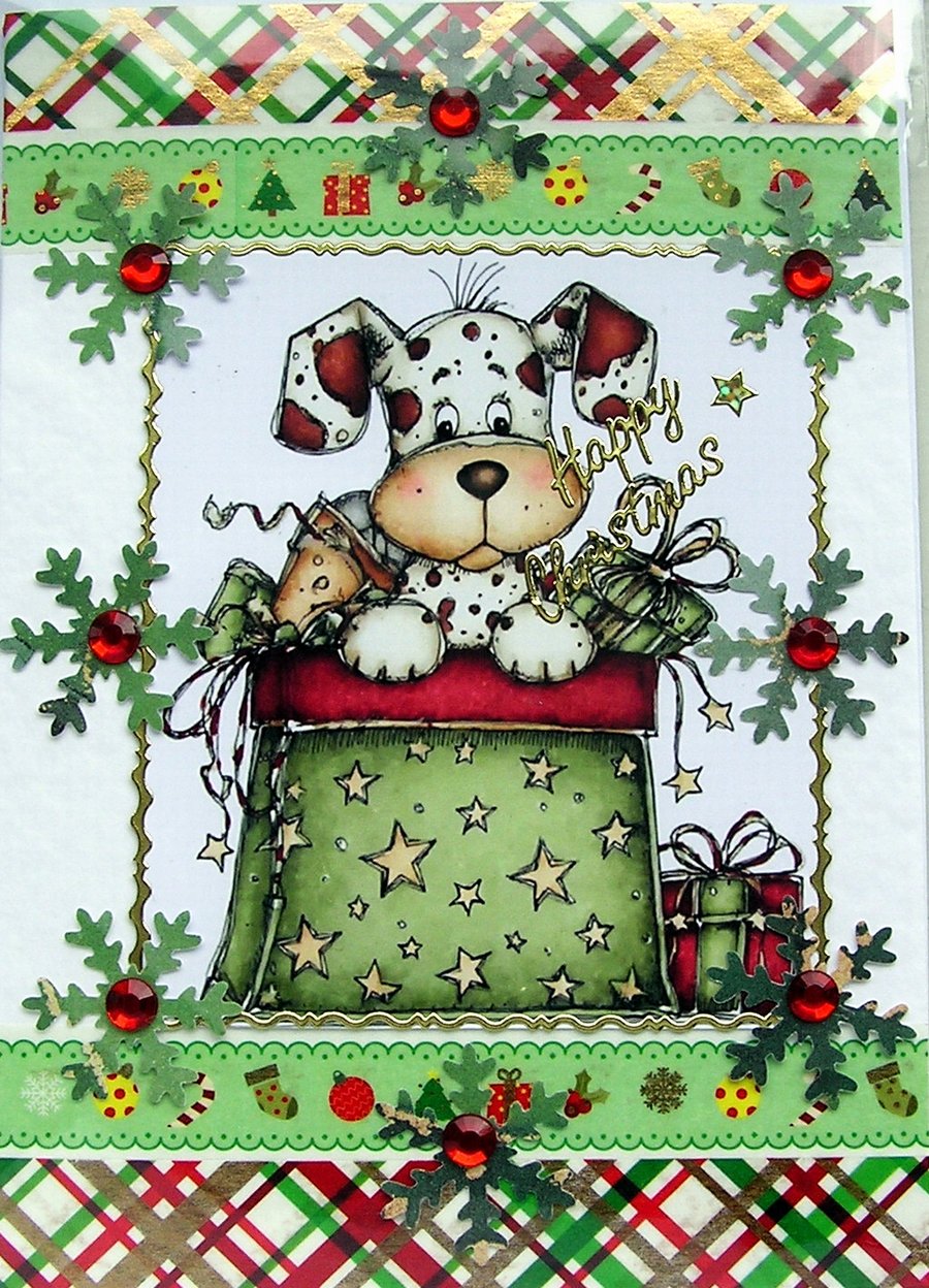 Hand Crafted Decoupage Chistmas Card Happy Christmas (3401) Xmas Puppy Dog