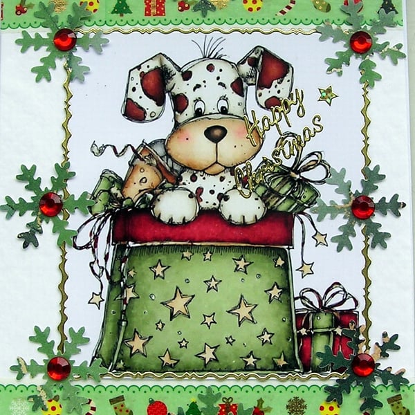 Hand Crafted Decoupage Chistmas Card Happy Christmas (3401) Xmas Puppy Dog