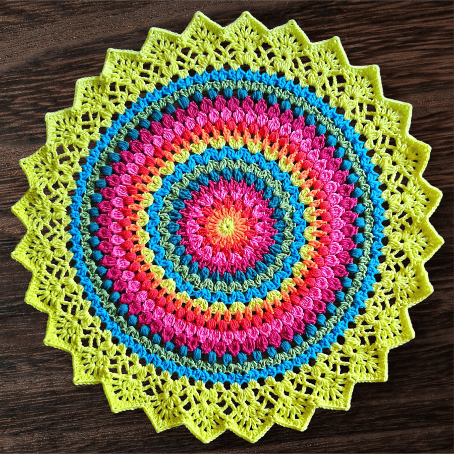 large, bright, crochet doily, mandala table mat