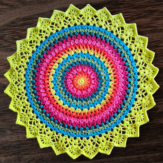large, bright, crochet doily, mandala table mat