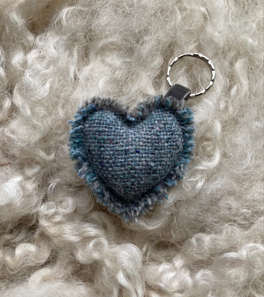 Heart Keyring - Duck-Egg blue Donegal tweed wool. Handwoven in Wales