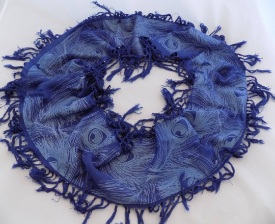 Unique peacock print infinity scarf,tasseled scarf,soft cotton blue scarf,gift.