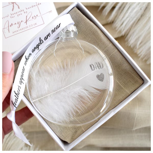 Dad Memorial Round Feather Bauble, In Memory of Dad, Round Glass Christmas Ornam