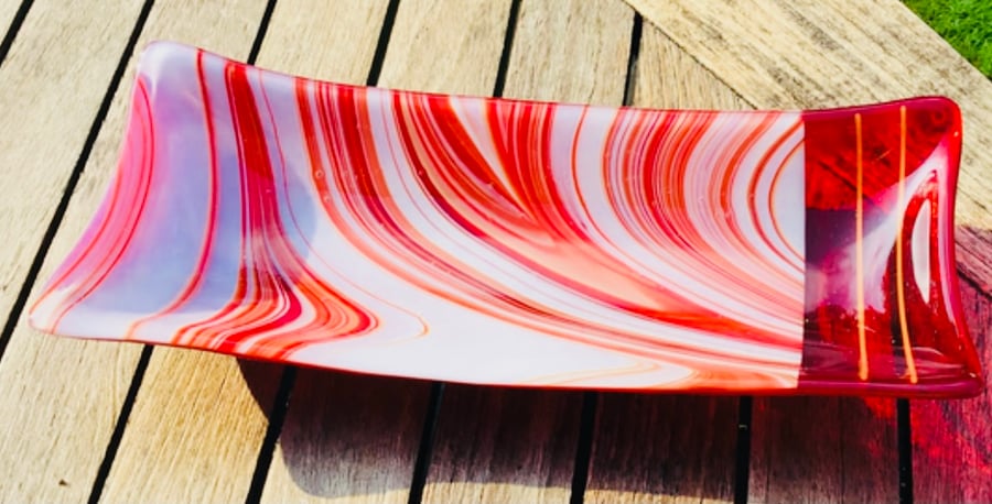  Sale -Red swirl Fused glass dish- glass art