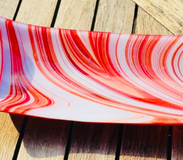   Sale -Red swirl Fused glass dish- glass art