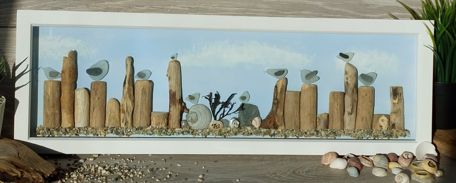 Cornish seaglass seagulls on driftwood groynes long frame