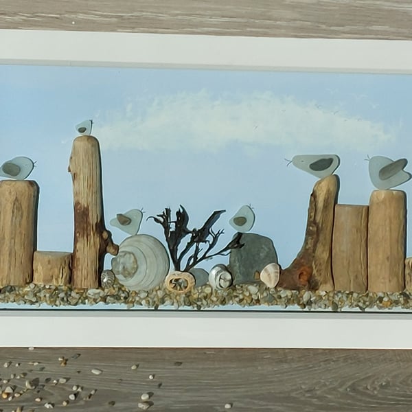 Cornish seaglass seagulls on driftwood groynes long frame