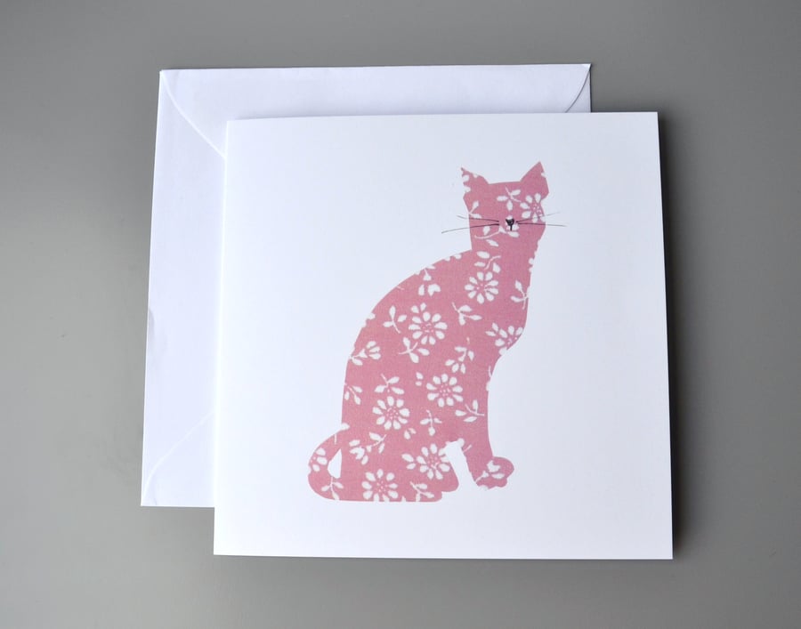Red cat blank card of a sitting cat silhouette with whiskers.