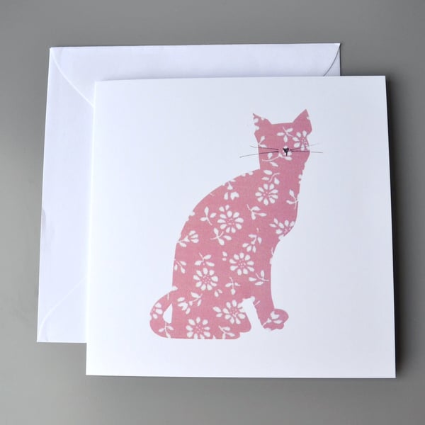 Red cat blank card of a sitting cat silhouette with whiskers.