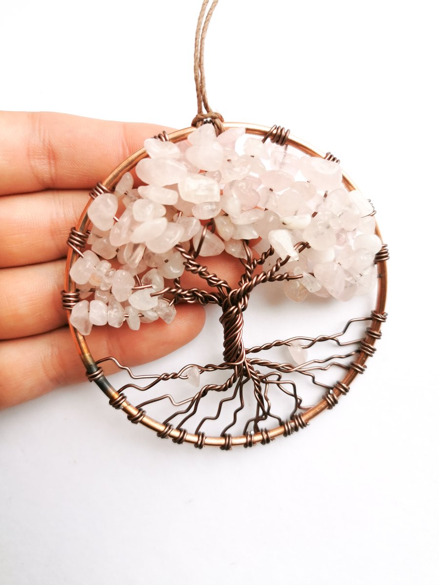 Rose quartz tree of life, crystal sun catcher,  wall hanging