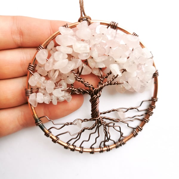 Rose quartz tree of life, crystal sun catcher,  wall hanging