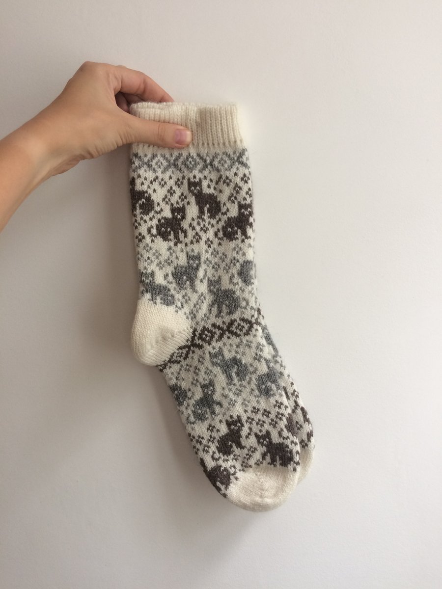 READY TO SHIP white wool socks grey cat kitten patterned winter christmas 