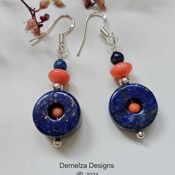 Designer Lapis Lazuli & Peach Bamboo Coral Sterling Silver Earrings