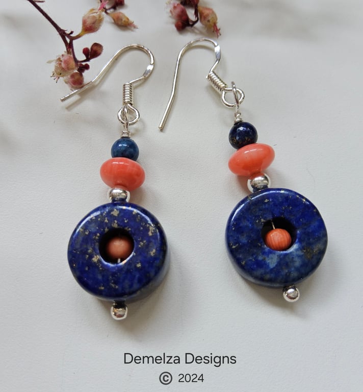 Designer Lapis Lazuli & Peach Bamboo Coral Sterling Silver Earrings