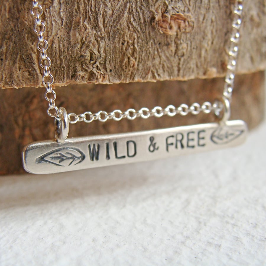 WILD & FREE Sterling Silver Stamped Word Phrase Bar Necklace 