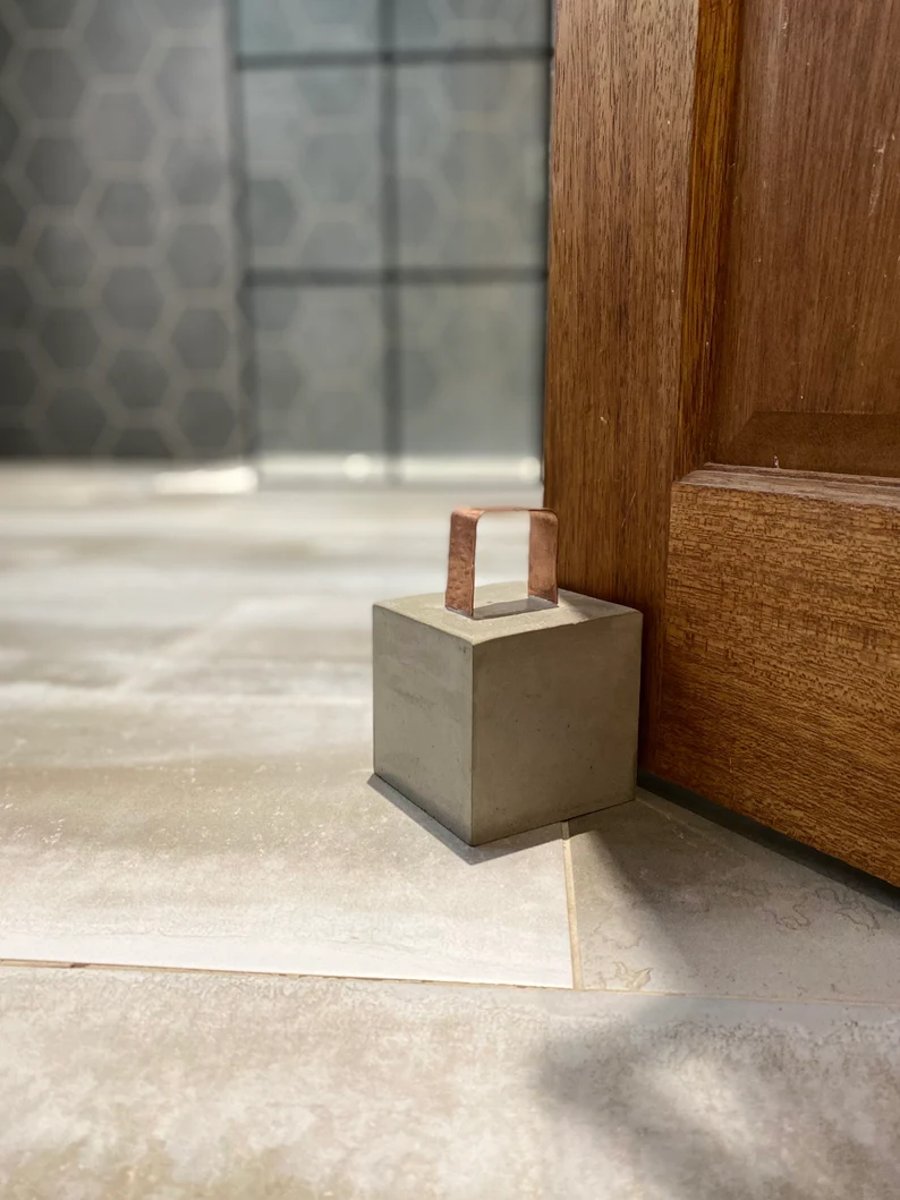 Grey Cube Concrete Doorstop or Bookends with Copper Handle