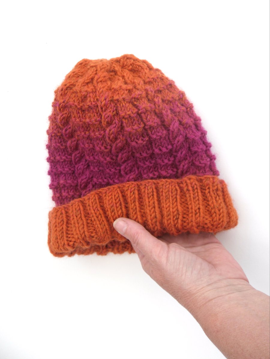Knitted Beanie Hat in Orange and Pink