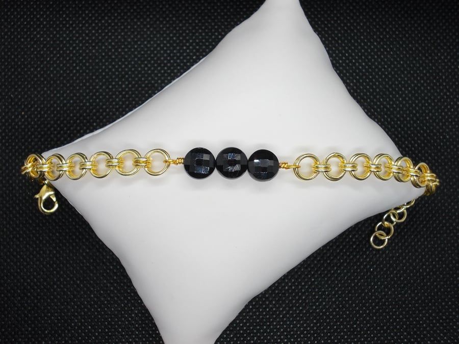 SALE - Black agate coin chainmaille bracelet