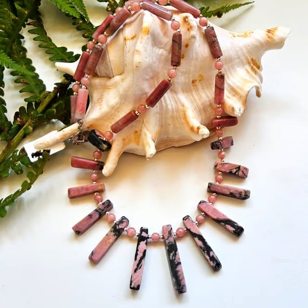Designer Dainty Rhodachrosite & Rhodolite Sterling Silver Necklace