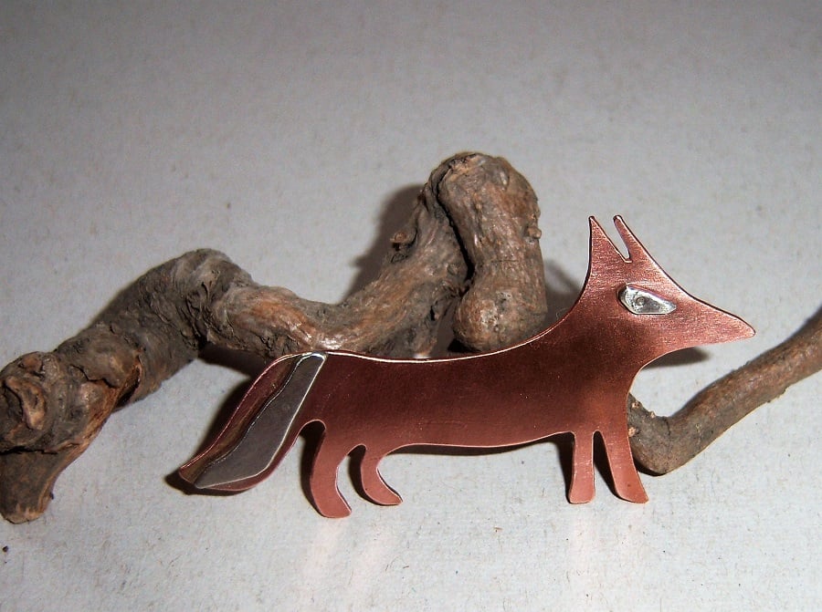 Copper fox brooch with sterling silver and brass highlights