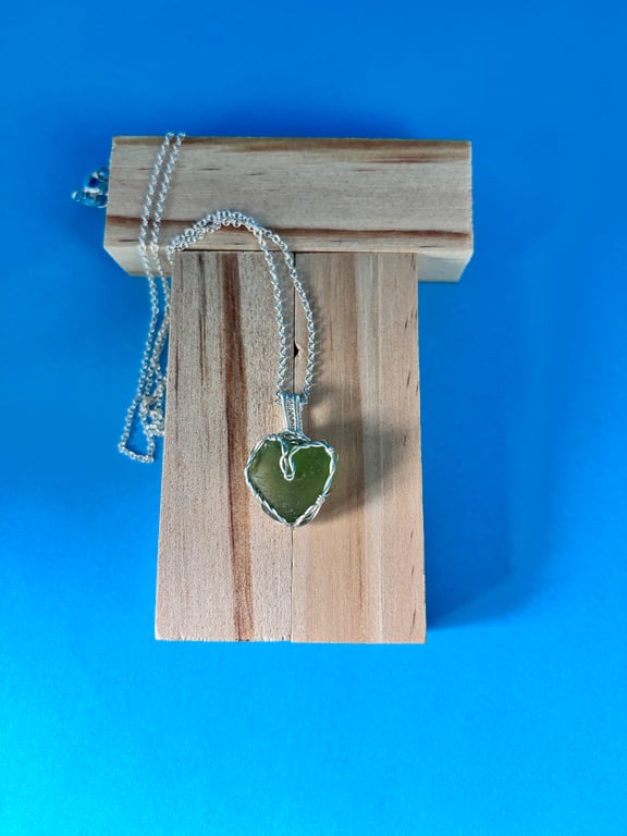Scottish Green Sea Glass Pendant, Unique design, Small Heart