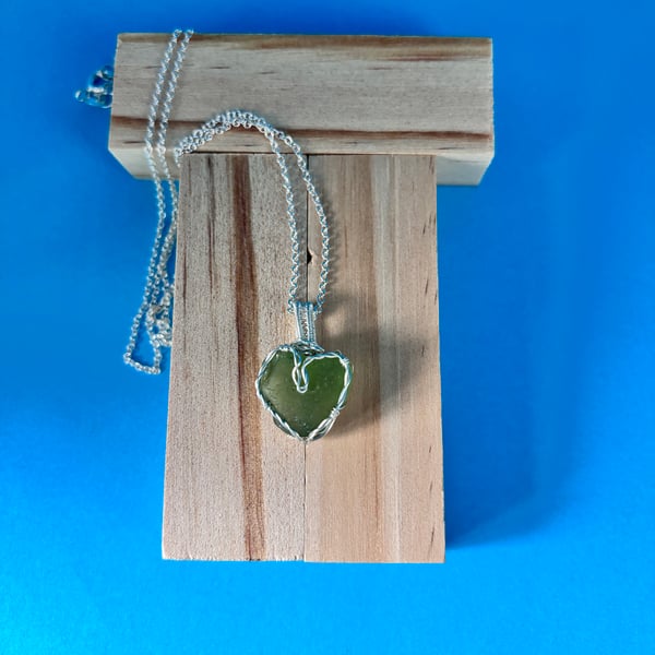 Scottish Green Sea Glass Pendant, Unique design, Small Heart