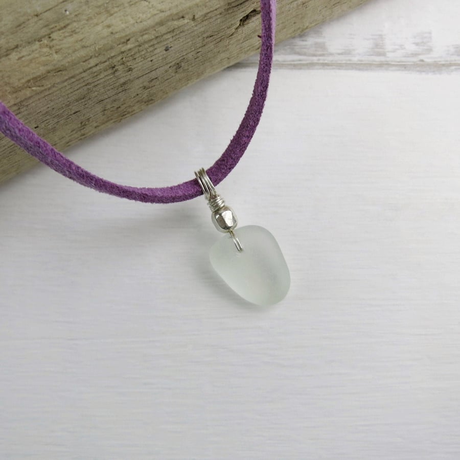 White Cornish Sea Glass Pendant on a Lilac Faux Suede Necklace