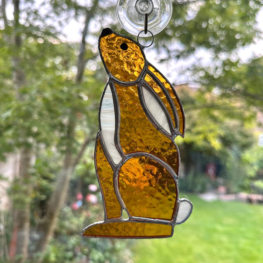 Stained Glass Hare Suncatcher - Moon Gazing Hare - Handmade Window Decoration 